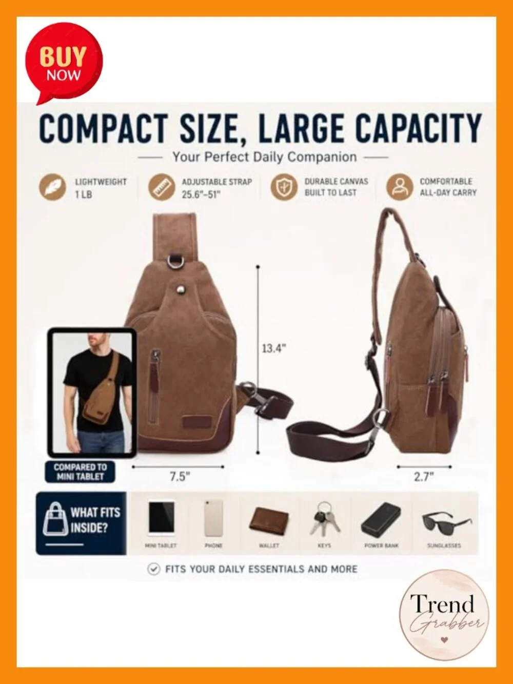 Canvas Sling Bag for Men Crossbody Chest Bag Casual Daypack Backpack Adjustable